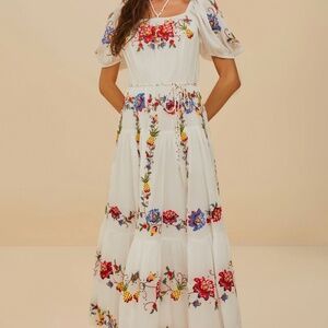 Farm Rio Off-White Tropicalista Embroidered Maxi Dress